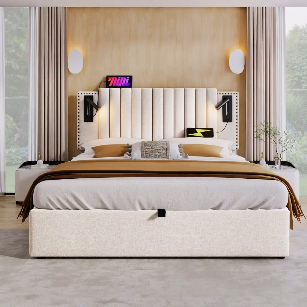 Letto contenitore matrimoniale OKWISH beige con luci da lettura integrate e porte USB e Tipo C, L/P/H: 140 x 200 x 147 cm – 2