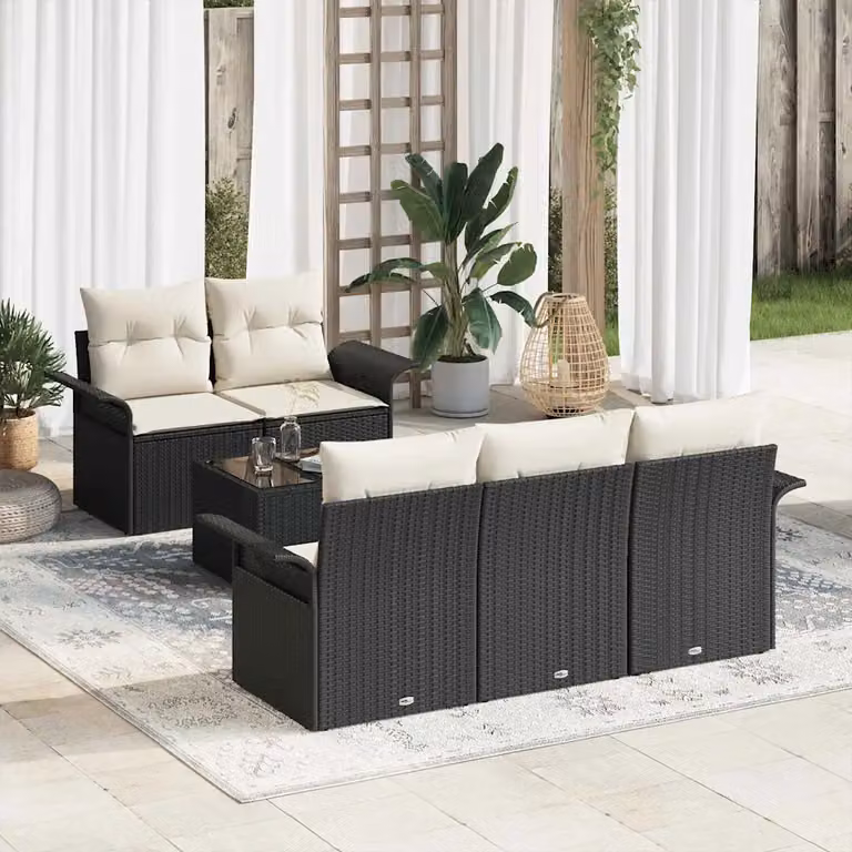Set di divani da giardino vidaXL in rattan nero con cuscini e tavolino da esterno