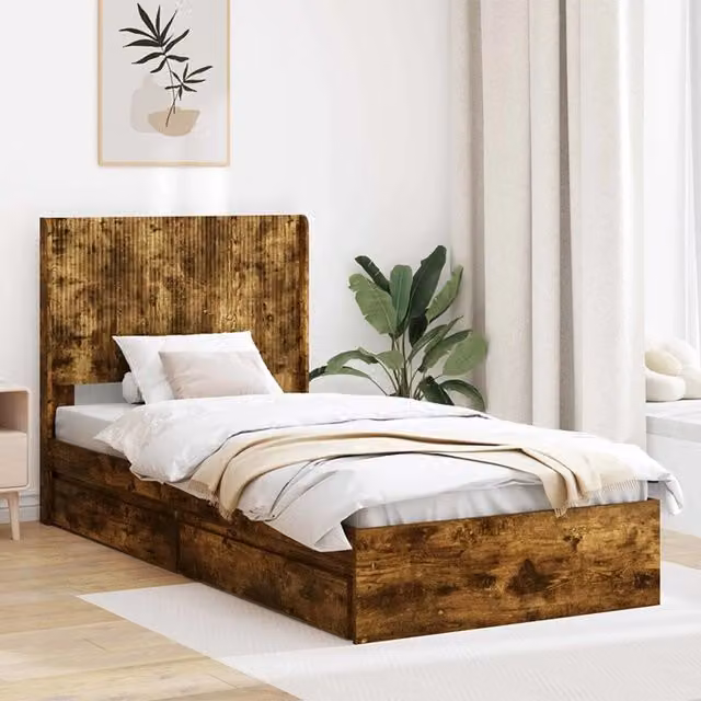 Letto moderno con contenitore e testata vidaXL in legno Rovere Fumo L: 140 cm, P: 100 cm, H: 82 cm – 1