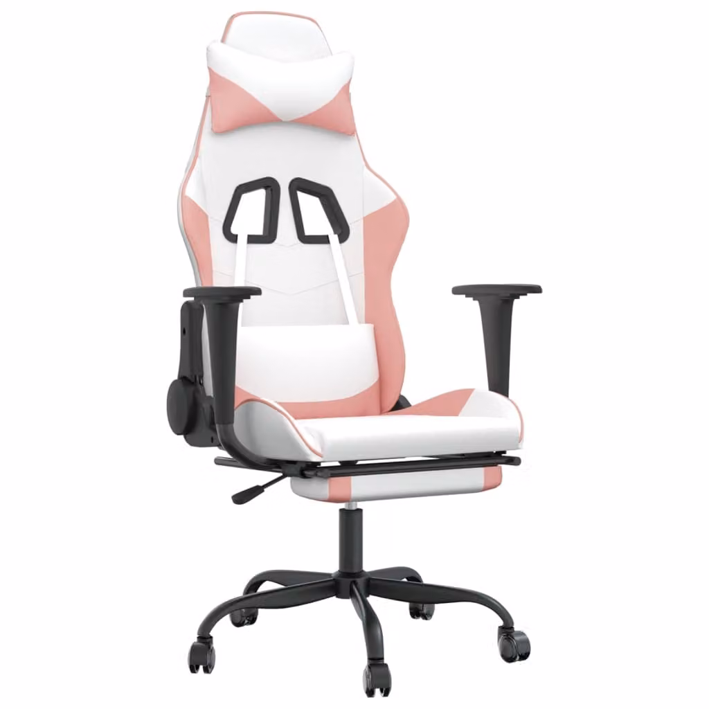 Sedia da Gaming con Poggiapiedi Bianco e Rosa in Pelle finta