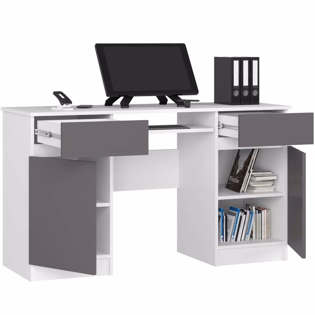Scrivania per computer AKORD A5 bianca con inserto frontale grigio grafite, 2 ante e 2 cassetti, L/P/H: 135 x 50 x 77 cm – 2