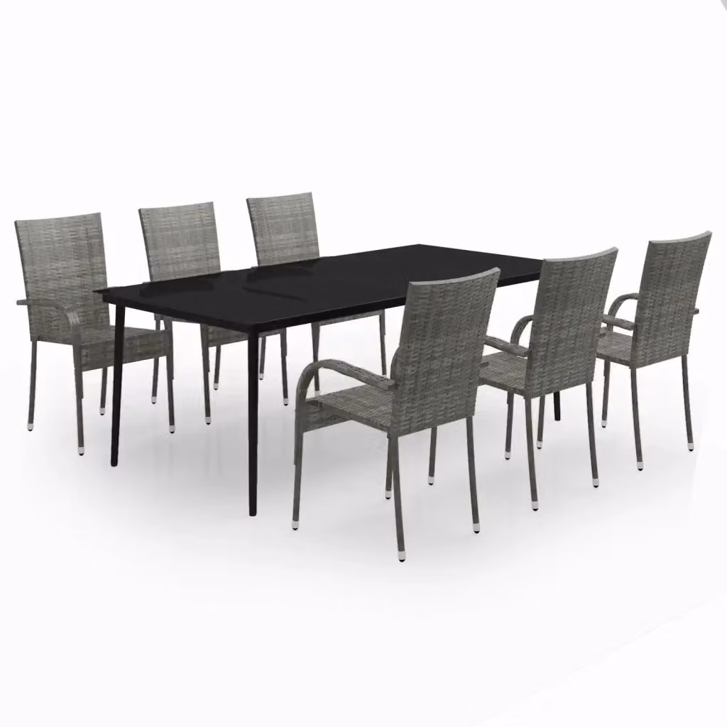 Set da pranzo da giardino vidaXL in polyrattan con tavolo in vetro e 7 pezzi, colori grigio e nero – 2