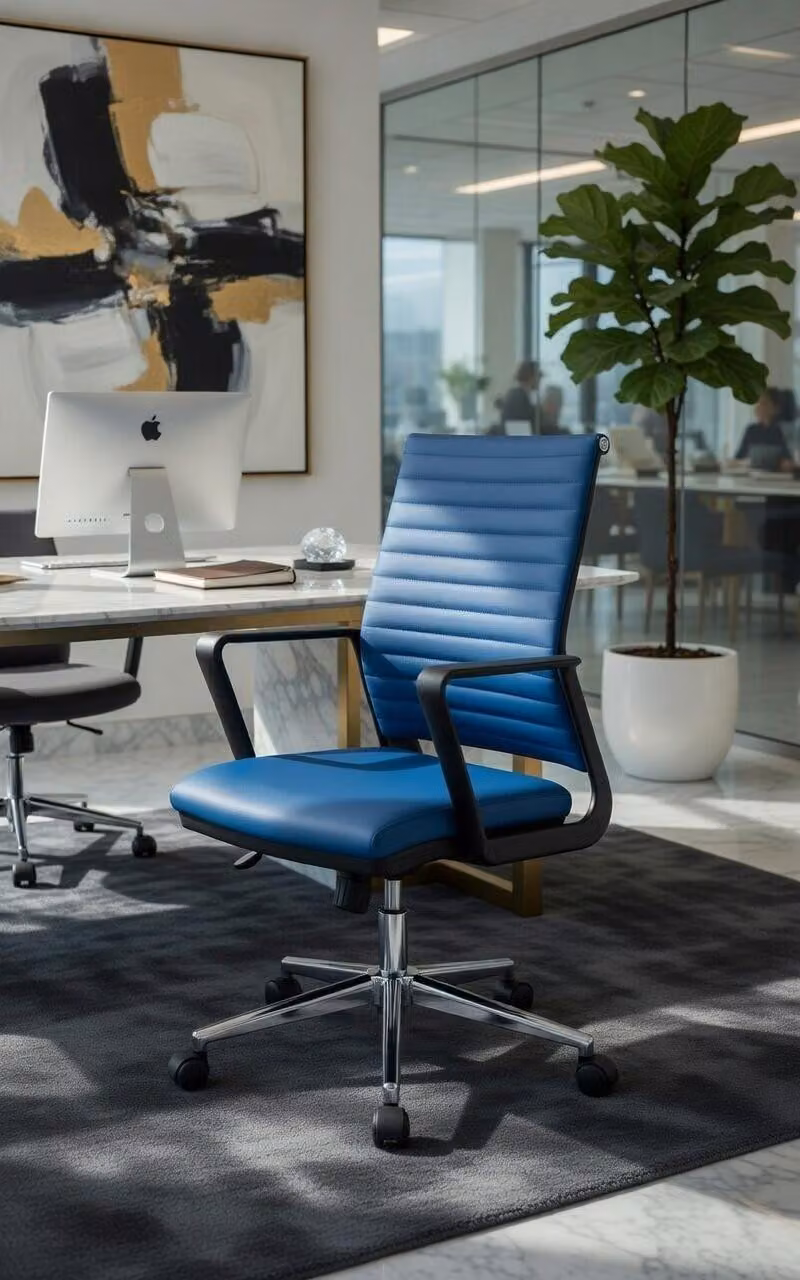 Sedia da ufficio blu con braccioli regolabili, ergonomica e moderna