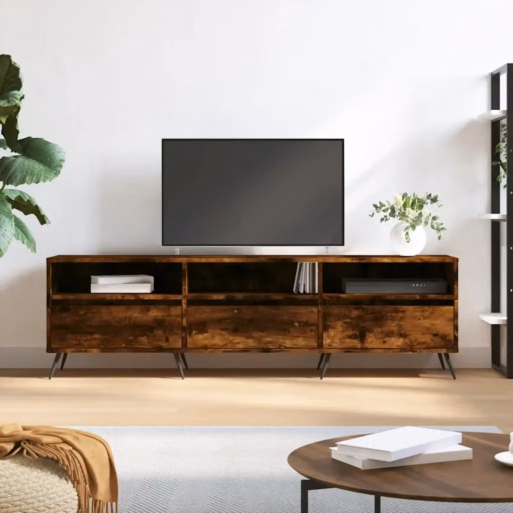 Mobile TV moderno in legno multistrato e metallo color rovere fumo, L 150 x P 30 x H 44,5 cm – 2