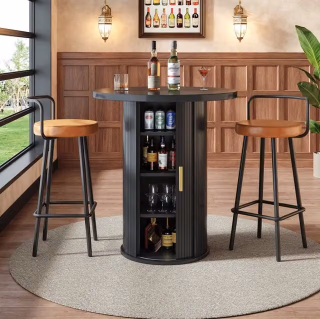 Tavolo bar rotondo con spazio contenitore 60x60x91;6 cm in MDF e metallo; nero