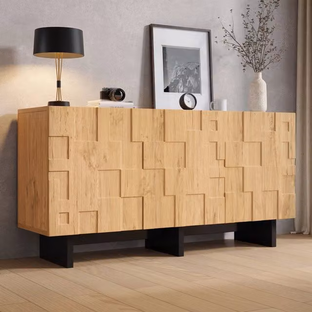 Credenza e madia con 3 ante senza maniglie e 5 vani, finitura legno naturale, per soggiorno e cucina, 140 × 40 × 70 cm