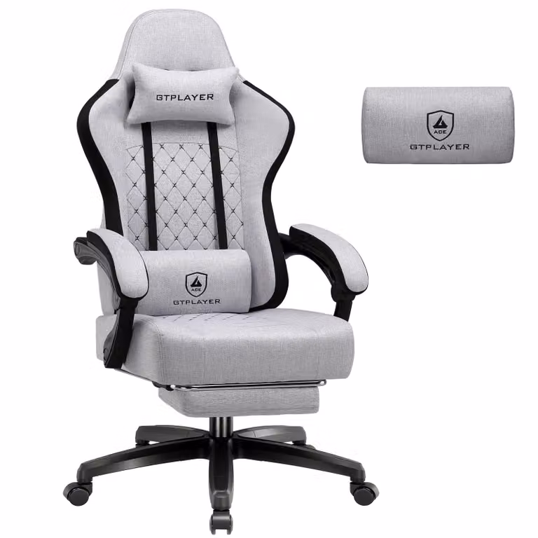 Sedia da gaming GTPLAYER, rivestita in tessuto, con imbottitura a molle, sedia girevole ergonomica, sedia da gaming con poggiapiedi, capacità di carico fino a 150 kg, colore grigio chiaro