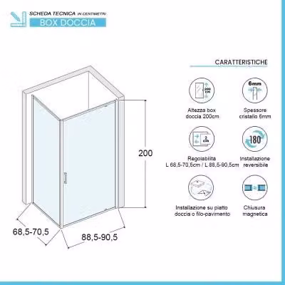 Box doccia angolare INBAGNO con porta battente in cristallo serigrafato e profili argento, L: 90 cm, P: 70 cm, H: 200 cm