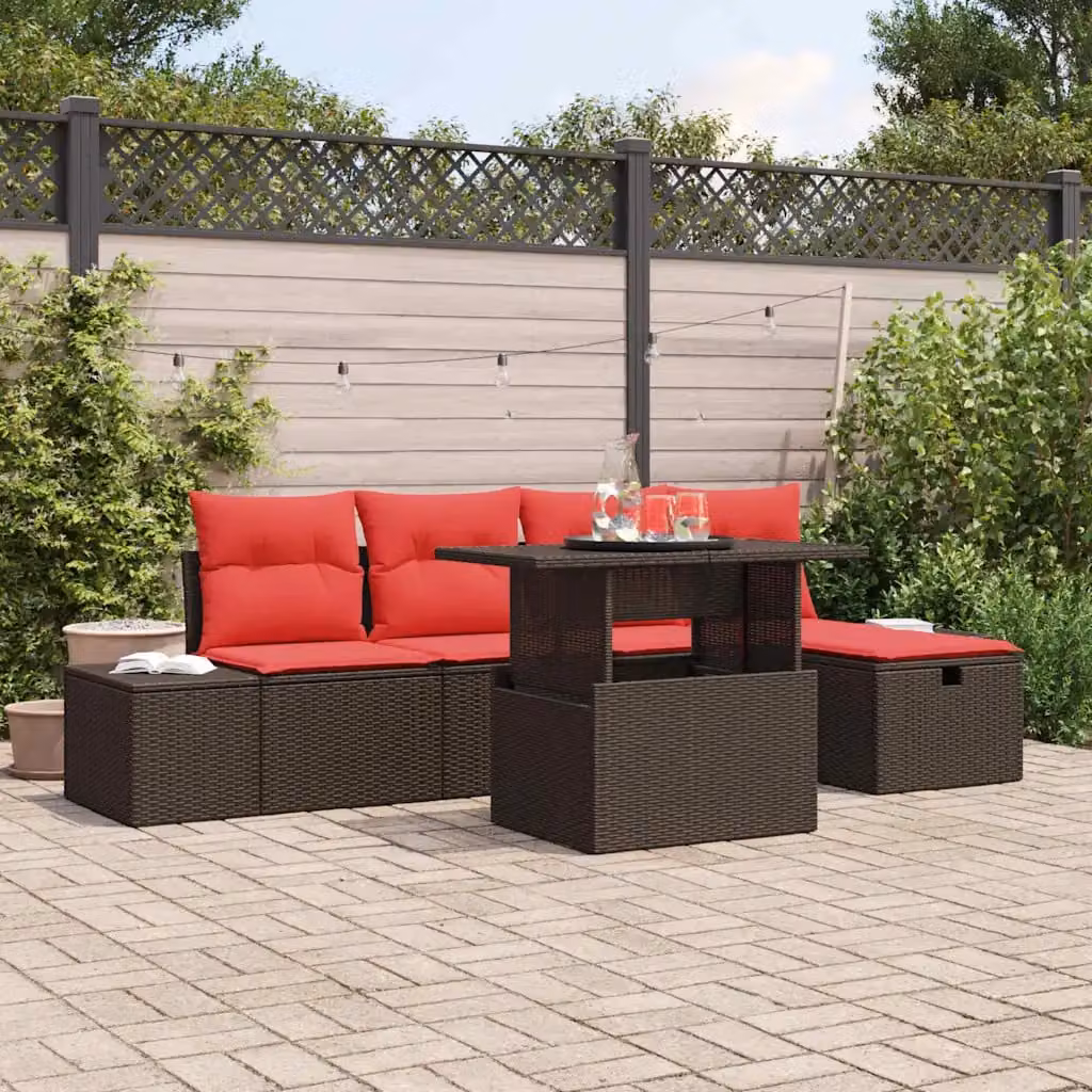 Set Divano da Giardino vidaXL 6 Pezzi a Forma di L con Cuscini e Tavolino, Struttura in Metallo e Polyrattan, Colore Nero e Rosso