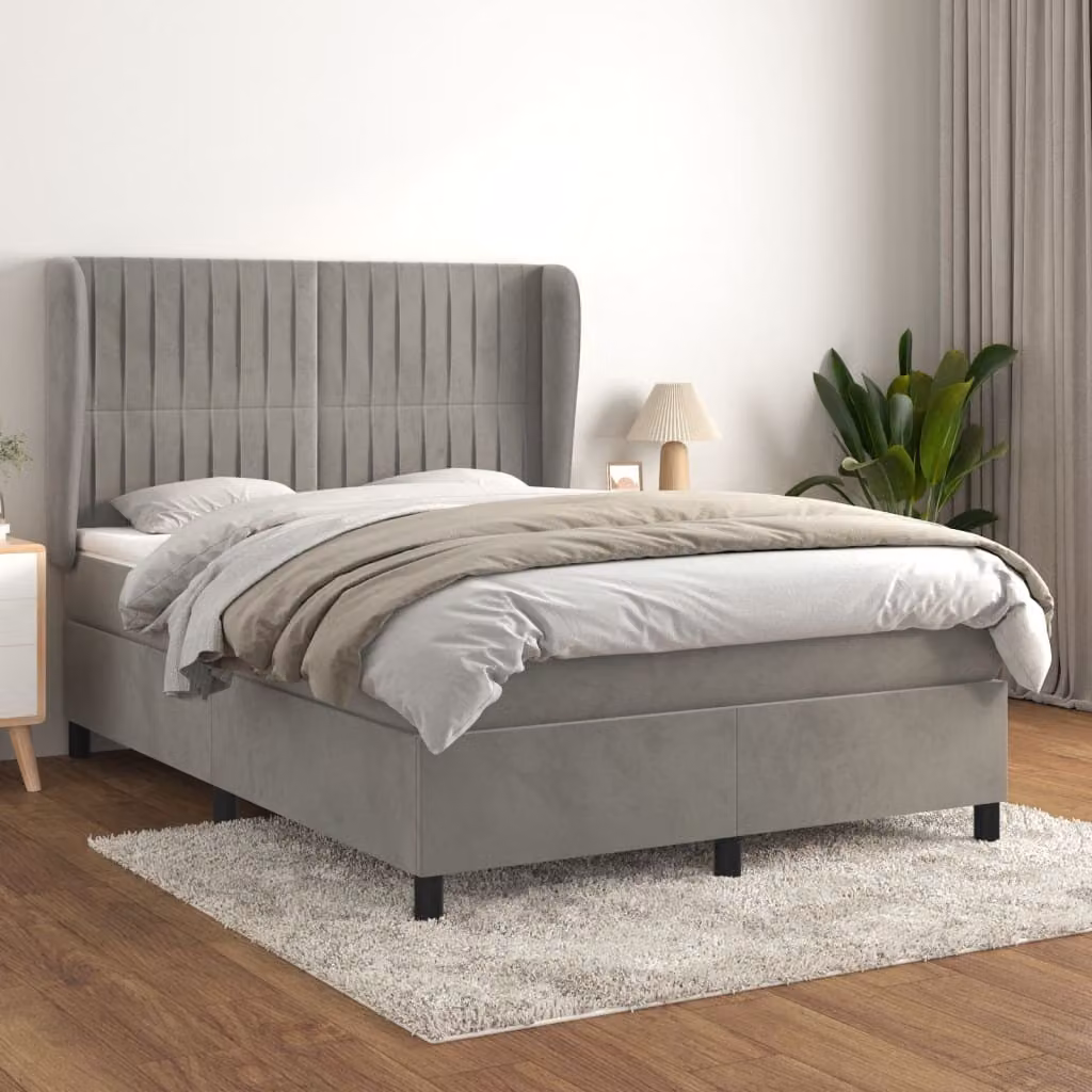 The Living Store Letto a molle con materasso grigio chiaro 140x200 cm in velluto