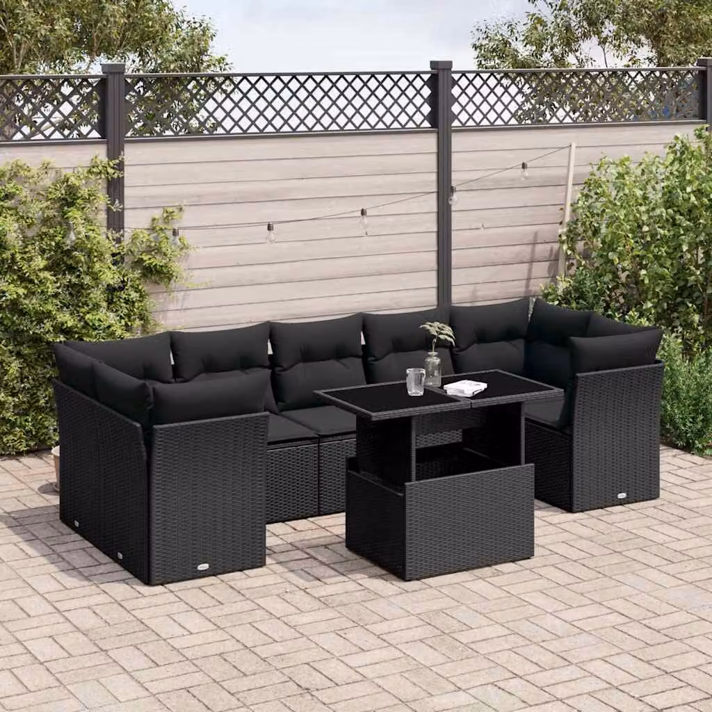 Set Divani da Giardino vidaXL a Forma di L con Cuscini e Tavolino Nero in Polyrattan e Acciaio – 1