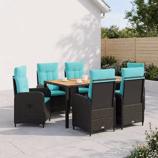 Set da pranzo per esterni vidaXL in polyrattan e legno di acacia con 7 pezzi e cuscini color turchese – 1