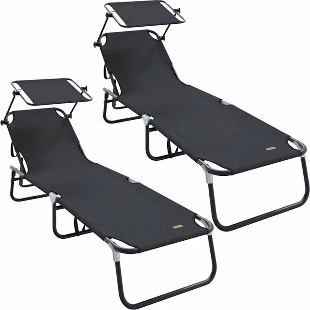 Set di 2 lettini prendisole pieghevoli in textilene nero con poggiatesta regolabile e vassoio laterale, L/P/H: 190 x 57 x 81 cm
