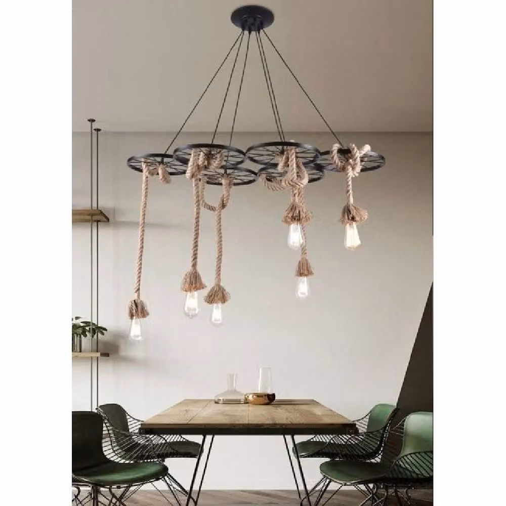 Lampadario a sospensione Trade Shop Traesio in stile industriale con corde in canapa e 6 portalampada E27 nero – 2