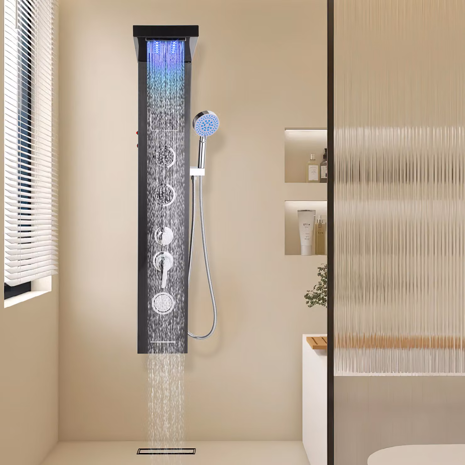 Jopassy pannello doccia per bagno Sistema doccia idromassaggio Doccia a pioggia Pannello doccia multifunzionale 5 grandi getti massaggianti Colonna doccia, nero