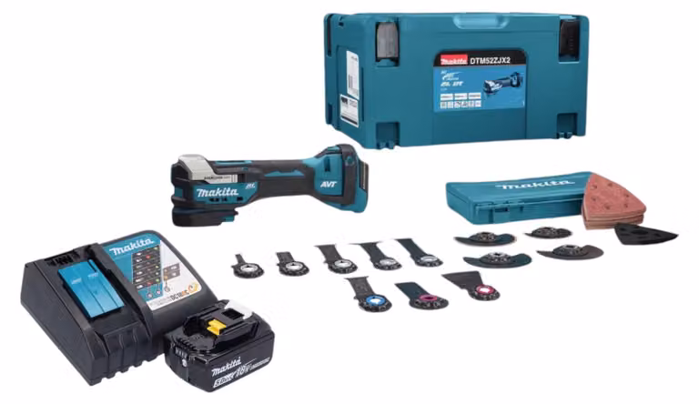 Utensile multifunzione a batteria Makita DTM 52 T1JX2 18 V Starlock Max Brushless + 1x batteria ricaricabile 5,0 Ah + caricabatterie + set di accessori da 43 pezzi + Makpac