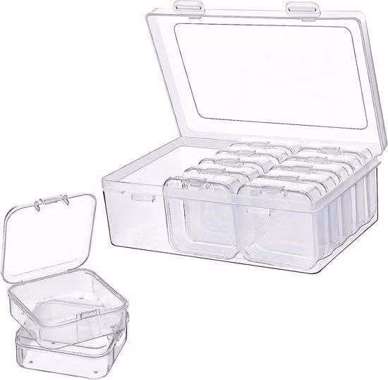 Set di contenitori trasparenti per piccoli oggetti - 15 contenitori in plastica trasparente - Scatole portaoggetti per gioielli, medicinali, piccoli oggetti e accessori - 54 x 54 x 20 mm - Trasparenti - Set da 15 pezzi