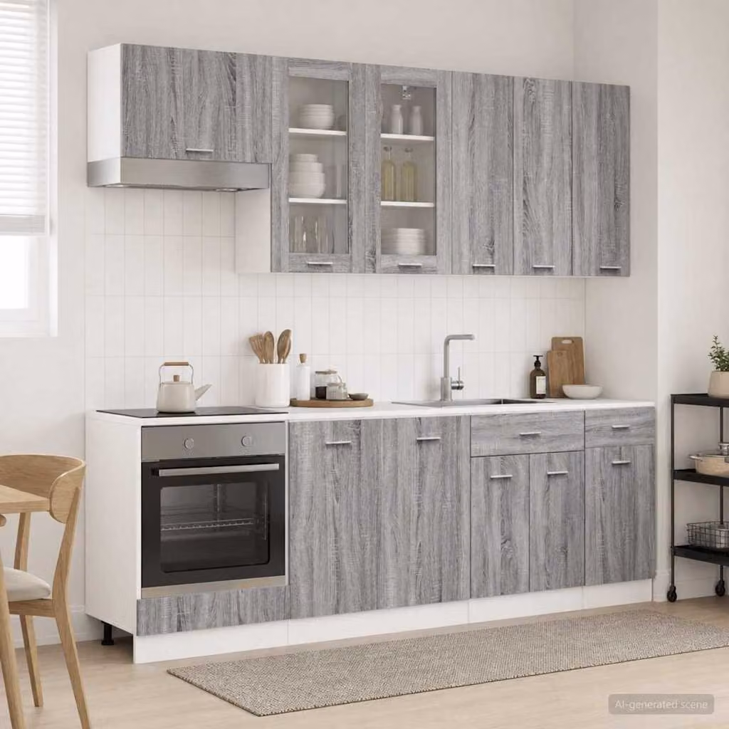 Unità cucina moderna vidaXL LYON composta da 8 pezzi in legno ingegnerizzato e MDF, colore grigio, con ante in vetro e ripiani aperti