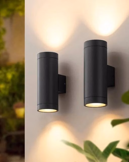 Set da 2 Lampade da Parete Up and Down in Metallo e Alluminio per Interno ed Esterno, Impermeabili IP44, Colore Nero