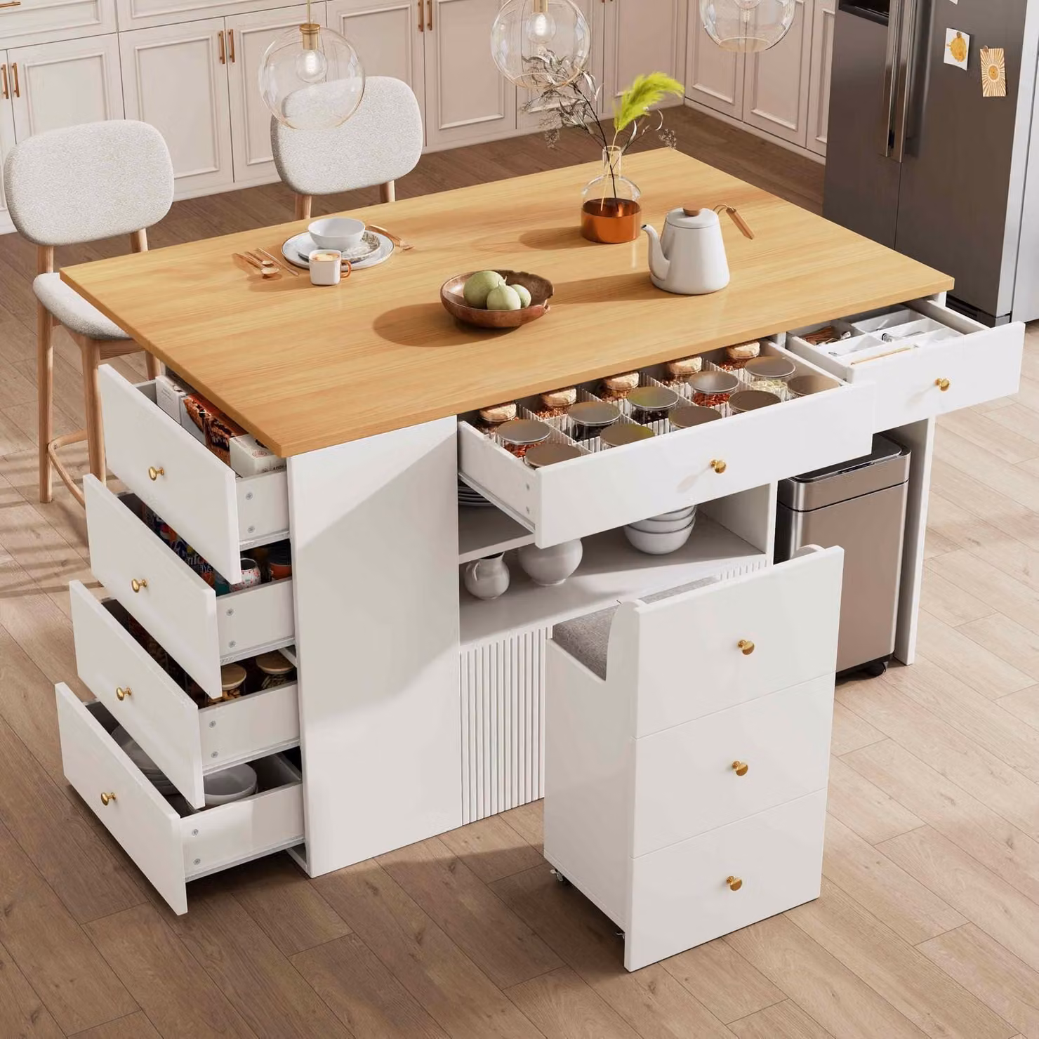 Isola da cucina con 6 cassetti e sgabelli, bianca, 140 x 40 x 89 cm