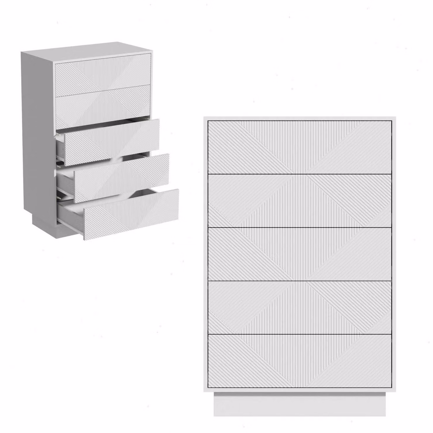 Comodino con 5 cassetti a sistema di apertura push-to-open, dimensioni 60x33,5x94 cm, colore bianco