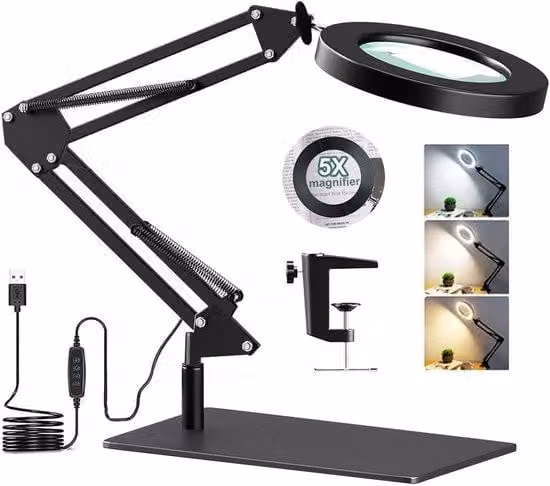 Lampada da tavolo con lente d'ingrandimento LED Unyqoos®, ingrandimento 5x – braccio regolabile, 3 modalità di illuminazione, 10 livelli di luminosità, 72 LED, morsetto da tavolo e base