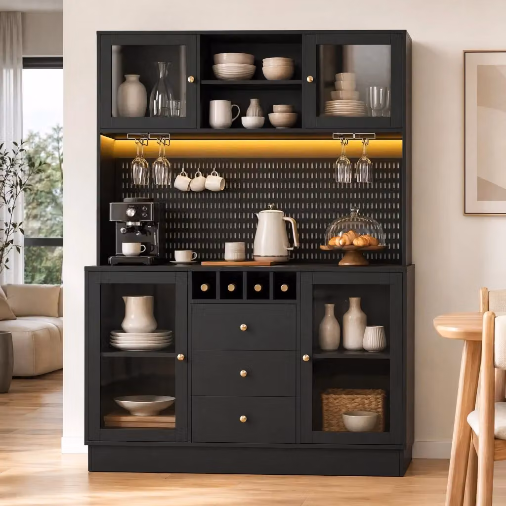 Mobile colonna da cucina Mivray con LED smart, portabottiglie e portabicchieri in MDF e vetro nero L/P/H: 40 x 40 x 185.7 cm – 2