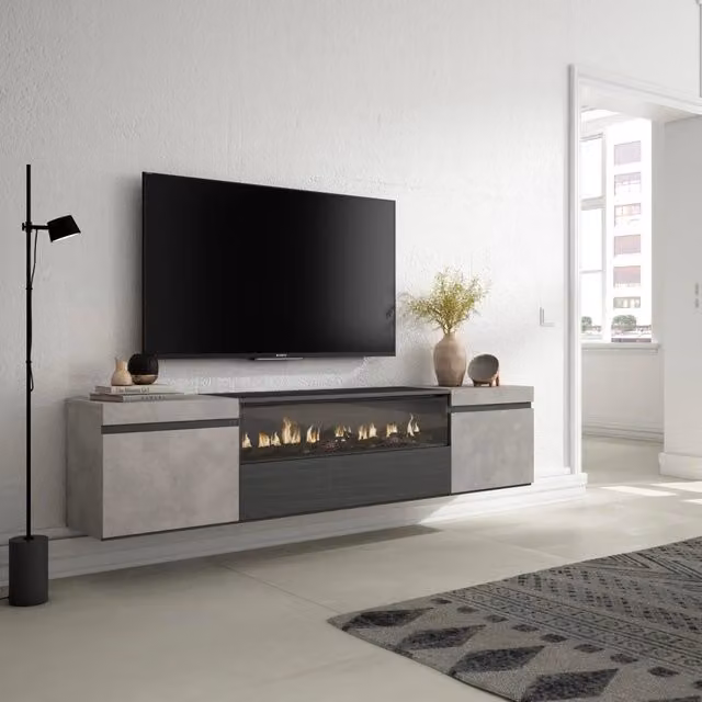 Mobile TV, 200x35x45cm, soggiorno, Per TV fino a 80", Camino elettrico, da appendere, grigio cemento RF2243