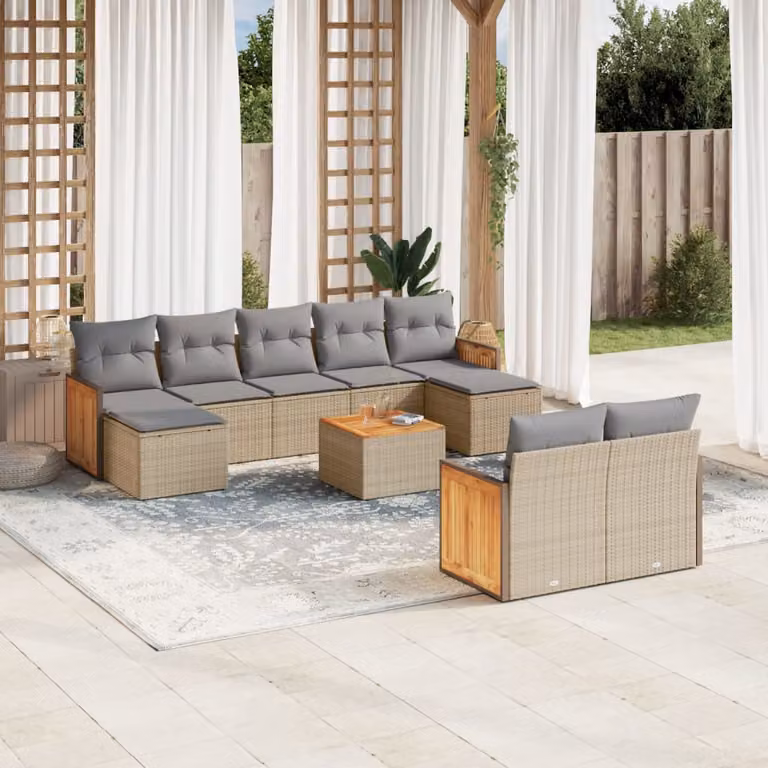 vidaXL Set Divano da Giardino 10 pz in Polyrattan con Cuscini Beige e Tavolino da Caffè Moderno