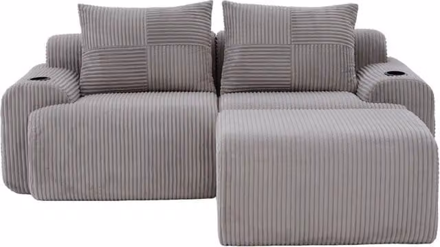 Divano modulare 2 posti con pouf in velluto a coste grigio chiaro per soggiorno