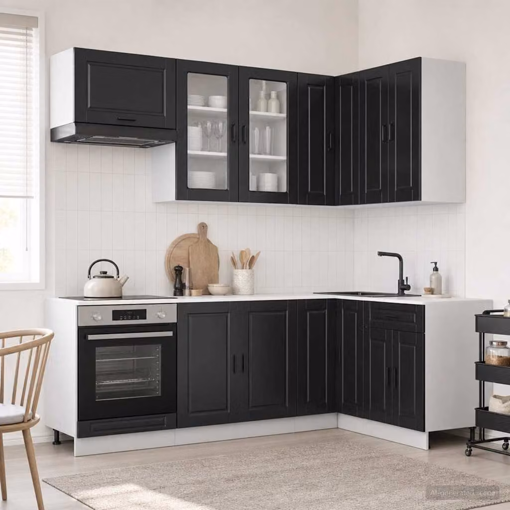 vidaXL Unità Cucina Moderna PORTO 8 Pezzi Nero con Ante in Vetro in Legno MDF