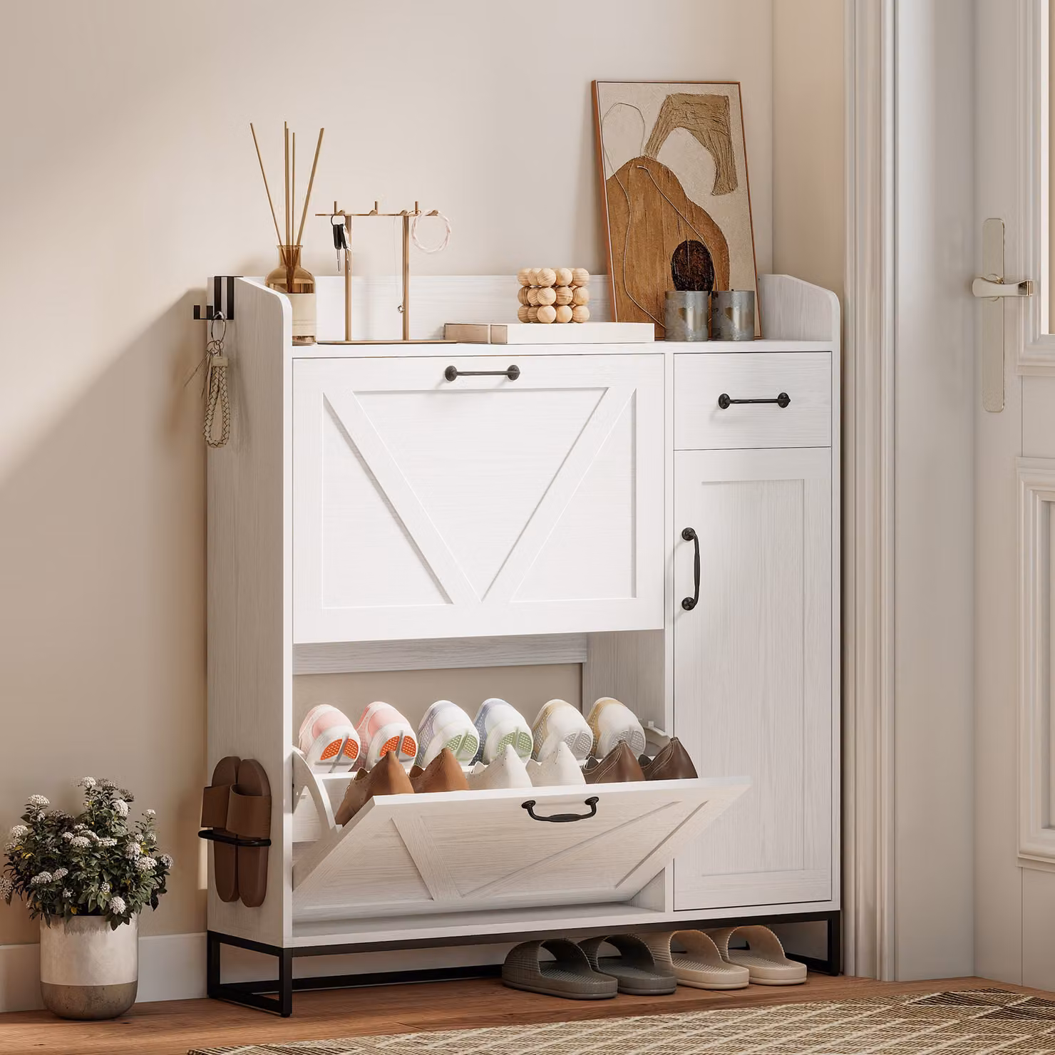 Scarpiera stretta Aosom con 2 ante ribaltabili e ripiani regolabili per 12 paia di scarpe, colore bianco, L: 106,7 cm, P: 26 cm, H: 116 cm – 2