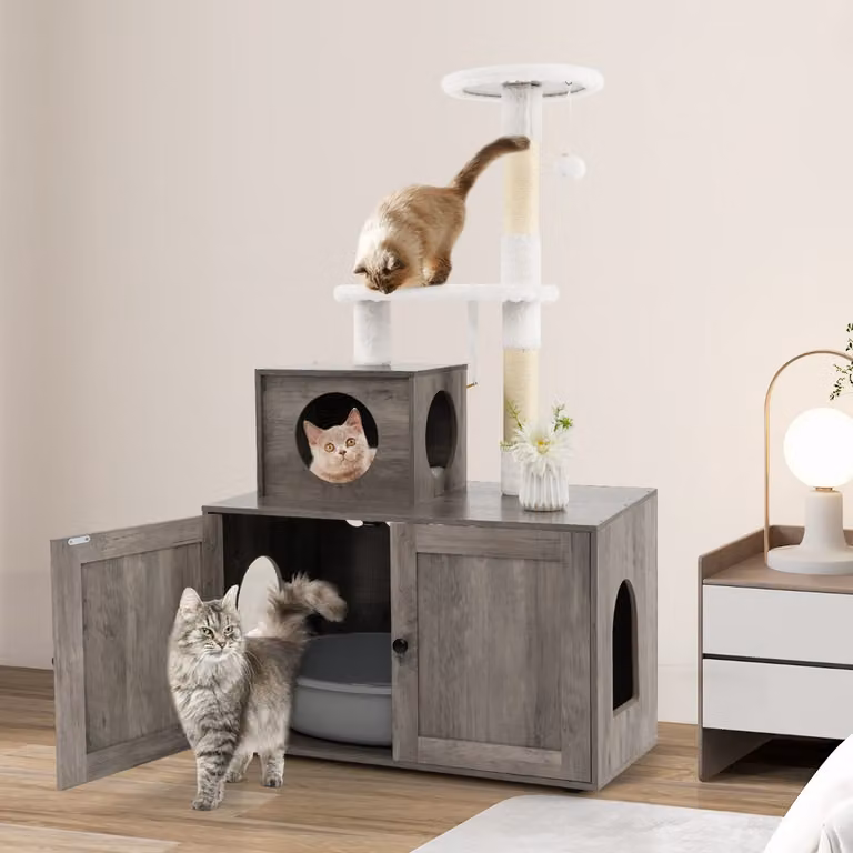 Costway Mobile per lettiera per gatti in legno con torre e giocattoli integrati, Grigio