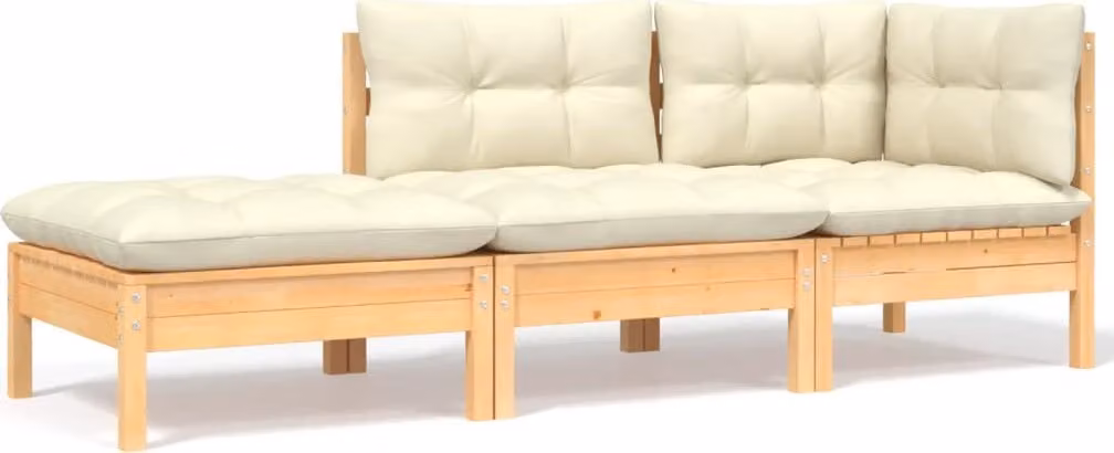 Set da lounge per giardino, composto da 3 elementi, con cuscini color crema, realizzato in legno massello di pino