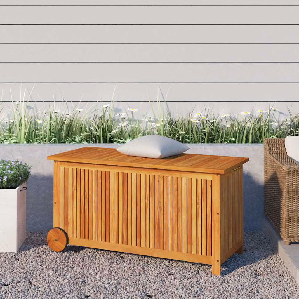 Contenitore da giardino con ruote vidaXL in legno di acacia oliato marrone L: 113 cm, P: 50 cm, H: 58 cm