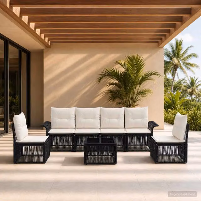 Set da giardino vidaXL composto da 7 pezzi in rattan nero con cuscini e struttura in acciaio – 1