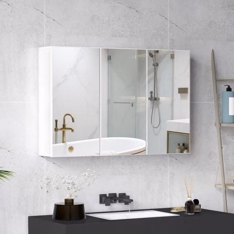 Mobiletto da bagno Moonbite con specchio, dimensioni 90 x 15,5 x 60 cm, 3 ante a specchio, 5 ripiani, da montare a parete, capacità di carico 30 kg, vetro, bianco
