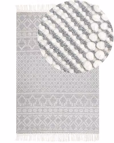 Beliani Tappeto in lana beige grigio a mano con motivo geometrico e nappe 160 x 230 cm