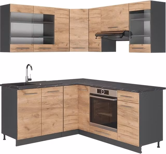 Cucina angolare moderna Fame-Line Vicco in rovere dorato e antracite con ante soft-close