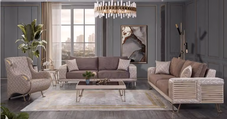 Braun-Beige Sofagarnitur 3+ 3+ 1 Sitzer Designer Couchtisch Beistelltisch