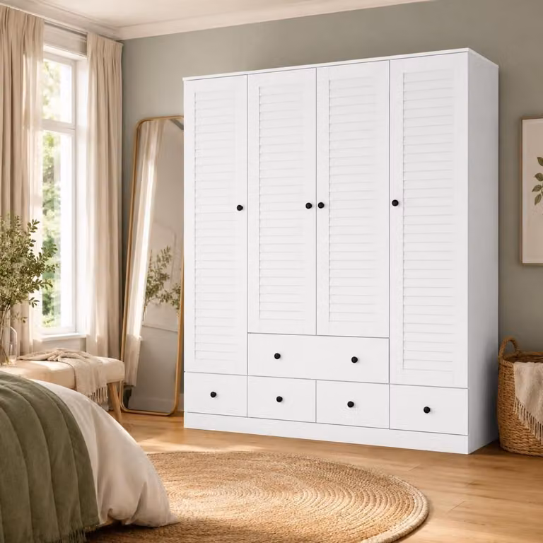Armadio bianco, dimensioni 150x50x180 cm, realizzato in MDF, con 4 ante, 5 cassetti e aste appendiabiti