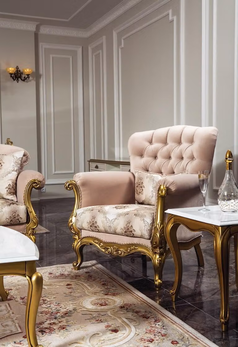 Design Sessel Luxus Holz Möbel klassisches Chesterfield Textil Wohnzimmer