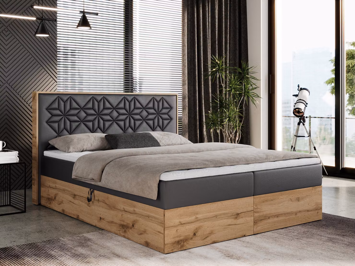 Letto boxspring 120x200 con contenitore, letto imbottito 120x200 con materasso H3, letto boxspring 120x200 con testiera, letto boxspring in legno massello - Nessi - Ecopelle grigio scuro - H3