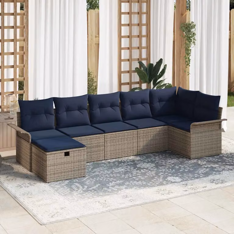 Set Divano da Giardino vidaXL 7 pz a Forma a L con Tavolino e Ottoman, Colore Grigio e Blu Navy, Struttura in Metallo e Polyrattan con Cuscini Inclusi