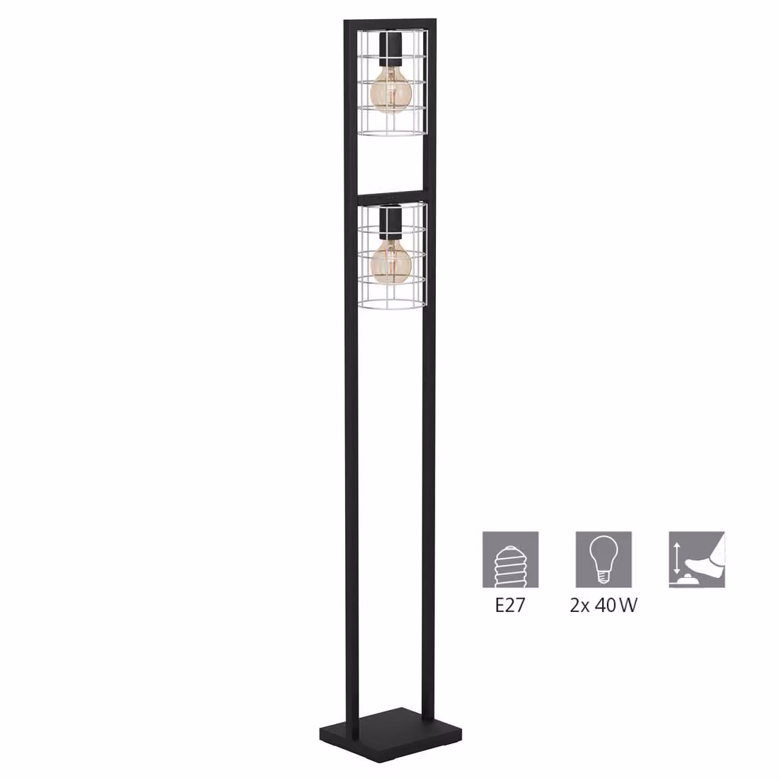 Lampada da terra JUBILY nera zincata E27 2X40W L:22cm L:14,5cm H:145,5cm con interruttore a pedale