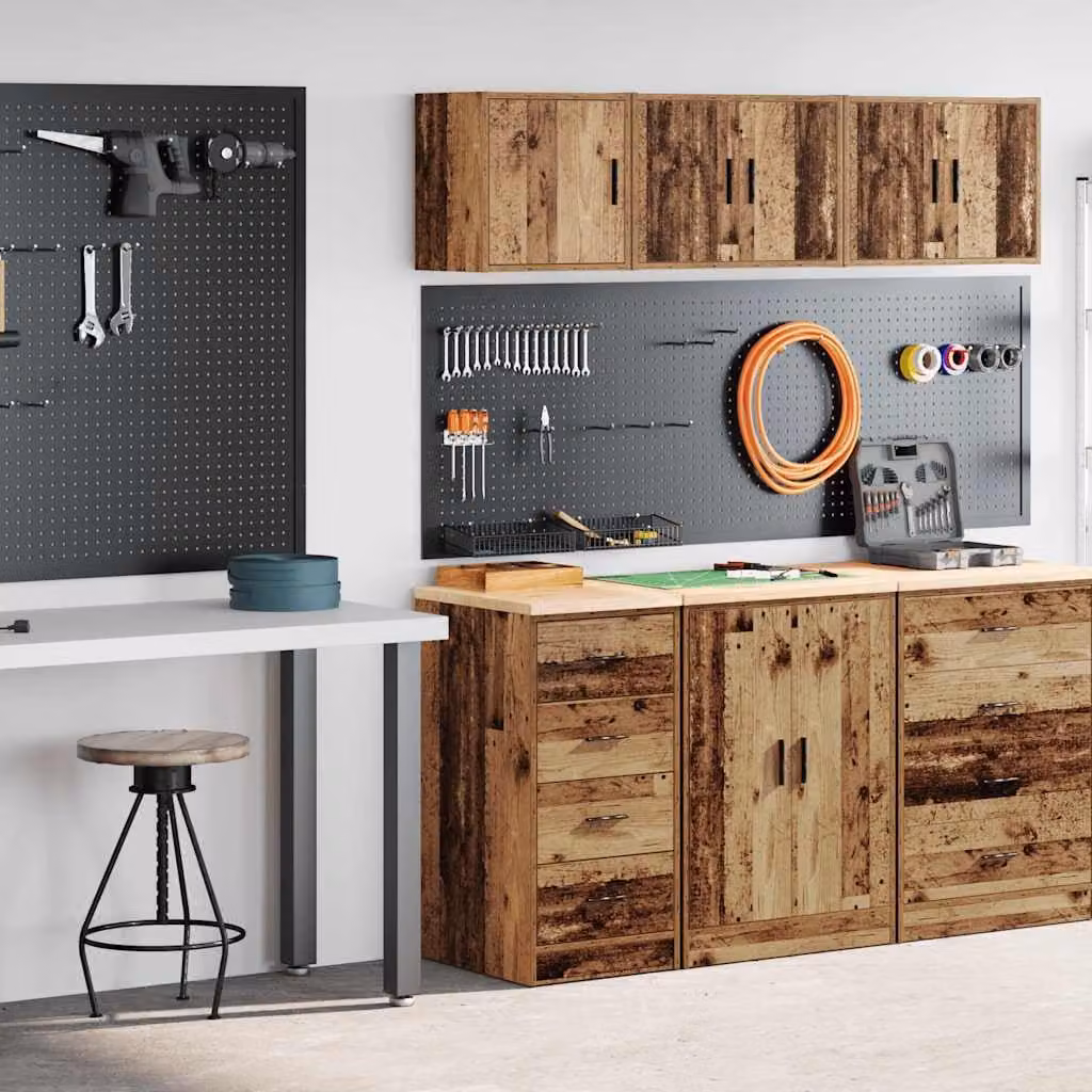 Set di 2 armadi da garage vidaXL in legno di pino marrone con ante a cerniera e cassetti interni
