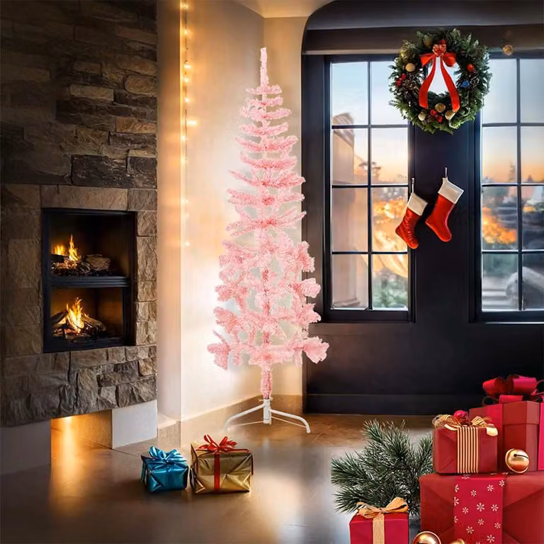 vidaXL Albero Natale Artificiale Sottile a Metà e Supporto Rosa 180 cm