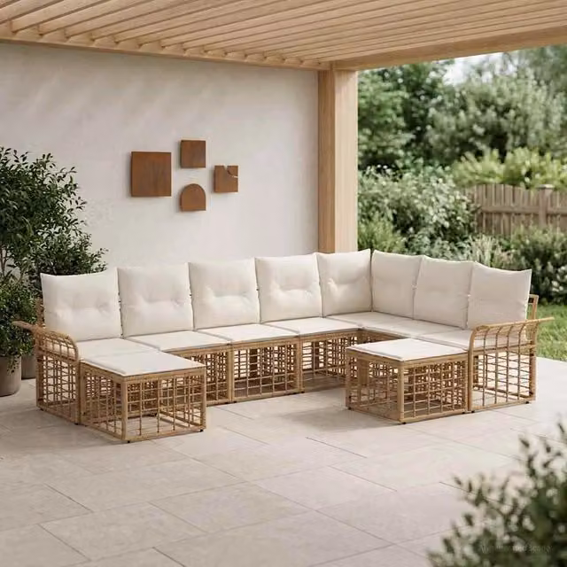 Set di divani da esterno 9 pz Naturale e Bianco Crema 3437814