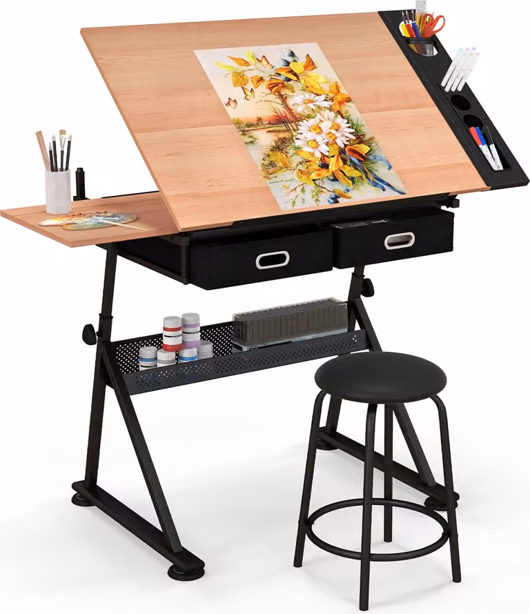 Tavolo da disegno regolabile in altezza COSTWAY, scrivania con piano inclinabile, 2 cassetti e sgabello