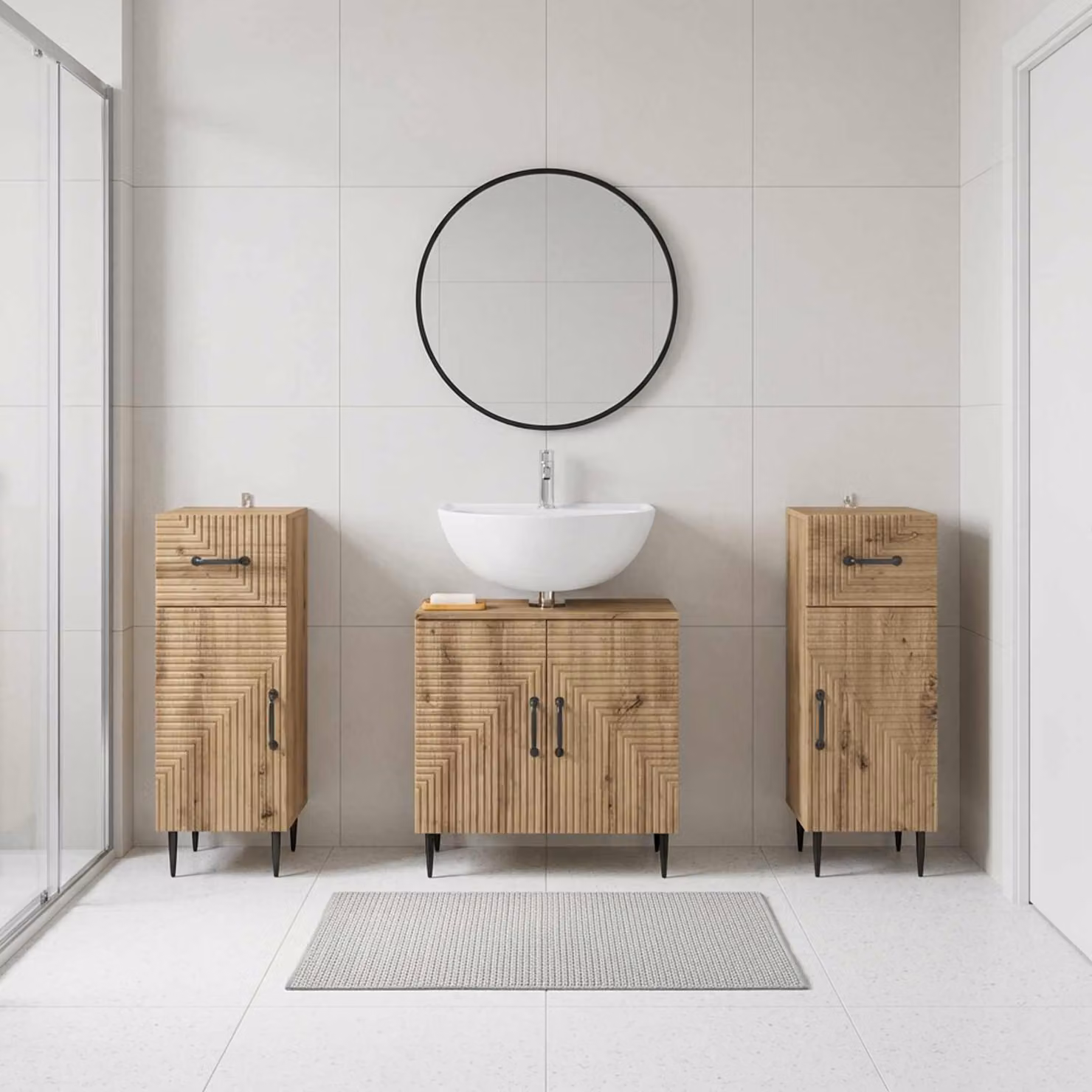 Set di mobili da bagno vidaXL HAARLEM in legno marrone, composto da 3 pezzi con mobile lavabo e armadietti laterali, stile minimalista